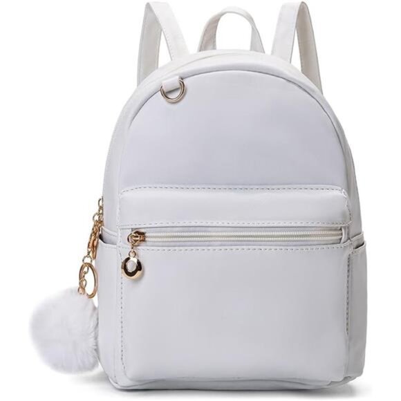 Cute 10 Inch Mini PU Backpack with D-Ring & Removable Fluffy Ball Charm for